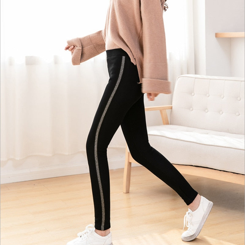 2019 Autumn Winter Cotton Velvet Leggings Women High Waist Side Stripes Sporting Fitness Leggings Pants Warm Thick Leggings