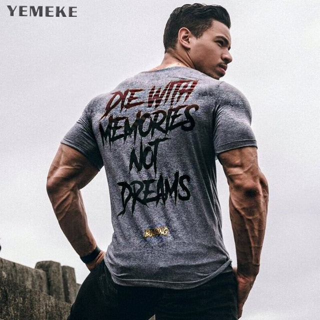 YEMEKE New Men Short Sleeve Cotton t-shirt Summer Casual Fashion Gyms Fitness Bodybuilding T shirt Male Slim Tees Tops Clothing